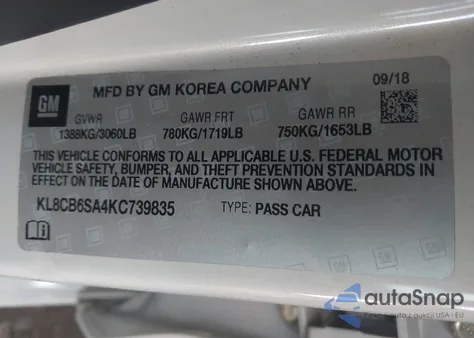 2019 Chevrolet Spark Ls Cvt из США, поврежденный, VIN KL8CB6SA4KC739835